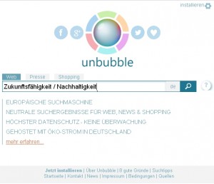 Screenshop der Unbubble Suchmaschine